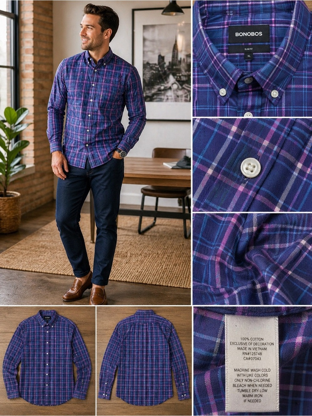 Bonobos Slim Fit Plaid Button Down Shirt Mens XL Blue Pink Purple Casual Stretch